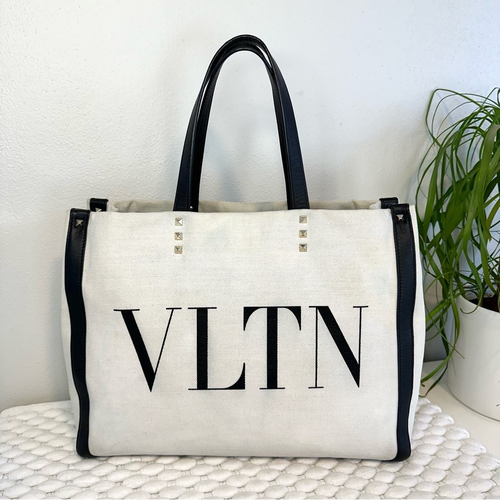 Valentino Garavani Cream and Black VLTN Tote